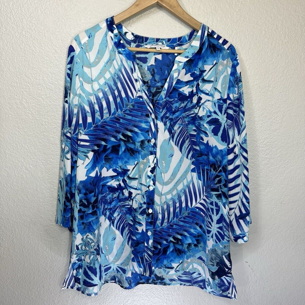 Foxcroft Blouse Women 18 Blue Floral Button Front Chiffon Office Career Work
